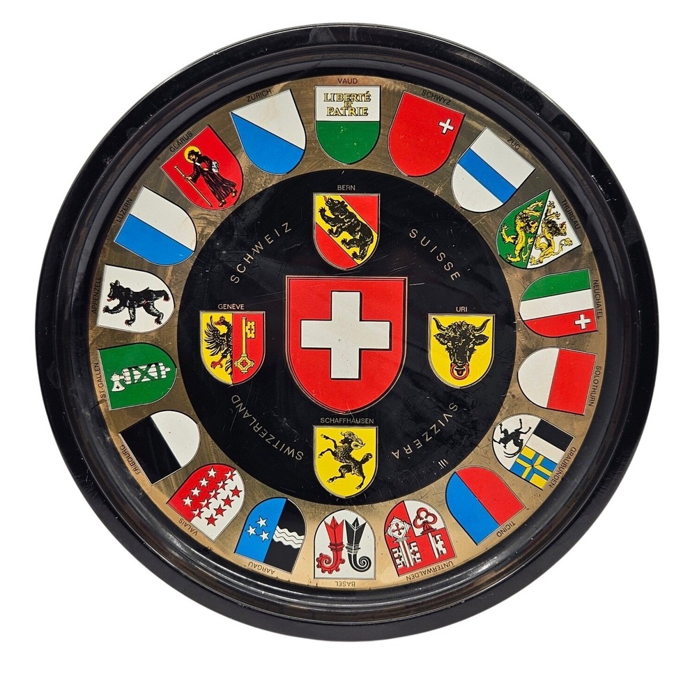 Vintage Switzerland Cantons Heraldry Metal Souvenir Tray Round Black Gold 11in